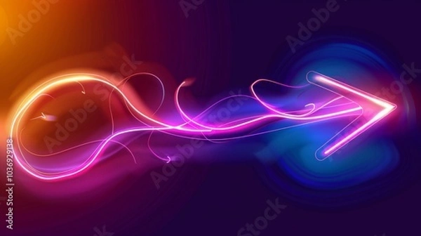 Fototapeta colorful arrow made of glowing light beams, pointing right at the center on a black background he arrow forms an elegant and dynamic shape with a sense of motion and speed