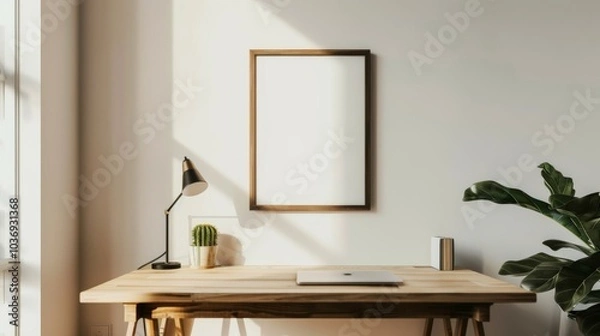 Fototapeta A minimalist desk setup with white walls and wooden accents. The desk highlights a blank picture frame and a small, stylish lamp. Bright