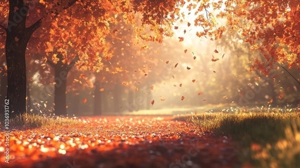 Fototapeta Orange fall leaves in park, autumn natural background