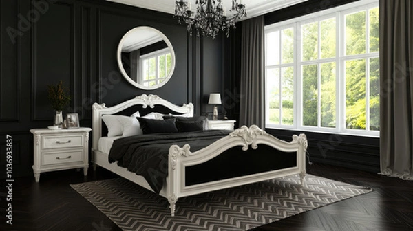 Fototapeta Black Bedroom with French Style Elements: Elegant Bed, Windows, Mirror, for a Luxurious, Serene Space