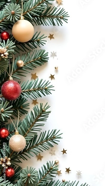 Fototapeta Christmas garland with decorations, trets and snowflakes on a white background, creating a festive atmosphere.
