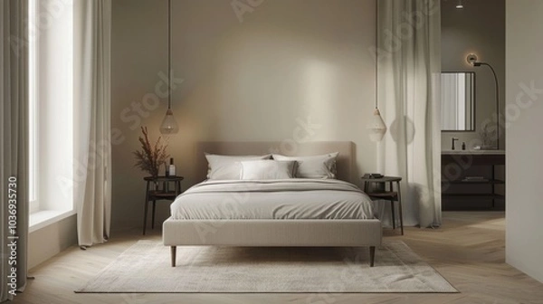 Fototapeta A minimalist Scandinavian bedroom with a double bed, a sleek headboard
