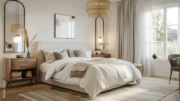 Obraz A modern and bright Scandinavian bedroom with a double bed, headboard