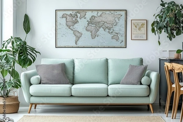 Fototapeta Stylish scandinavian living room with design mint sofa, furnitures, mock up poster map, plants and elegant personal accessories