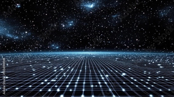 Fototapeta 3D illustration of an abstract landscape featuring a cyberspace grid and a starry outer space texture on a dark background High tech network elements are included in the design