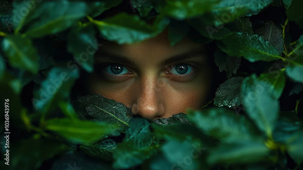 Fototapeta Person Hiding and Looking Through Bushes with Intense Eyes in Nature, Hide and Seek, Camouflage in Foliage Concept