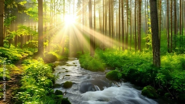 Fototapeta A serene forest scene with sunlight streaming through trees and a flowing stream.