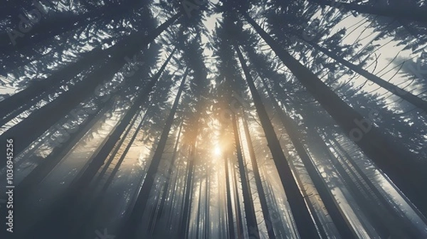 Fototapeta A serene forest scene with tall trees and sunlight filtering through mist.