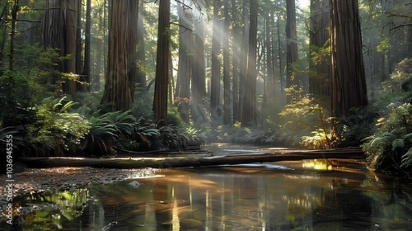 Fototapeta A serene forest scene with tall trees, sunlight filtering through, and a calm stream.