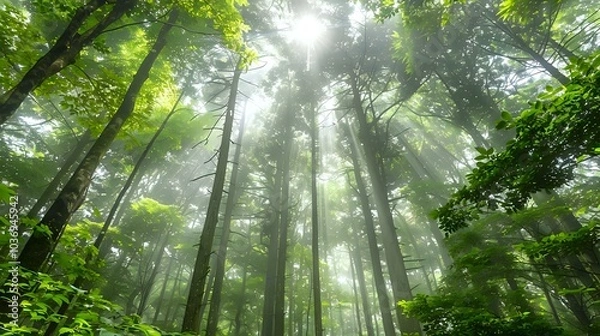 Fototapeta A serene forest scene with sunlight filtering through tall trees and mist.