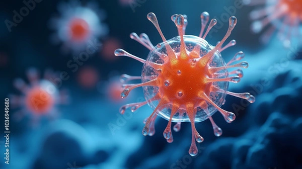 Fototapeta Highly detailed microscopic view of a virus particle floating against a blue background. Close-Up of a Virus Particle with Spikes in a Microscopic View