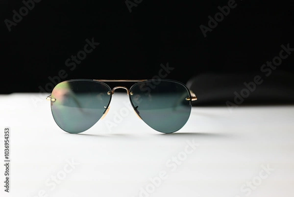 Obraz classic sunglasses on a white table on a black background