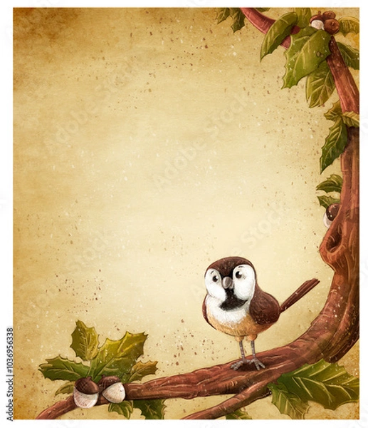 Fototapeta Ilustración de un gorrión en la rama de un árbol