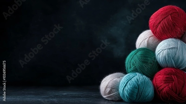 Fototapeta  A stack of yarn balls on a black surface against a dark backdrop