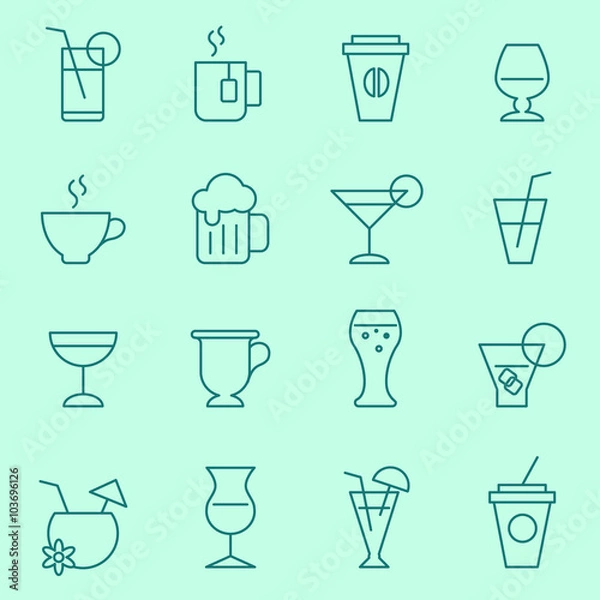 Fototapeta Drink icon set, thin line, flat design