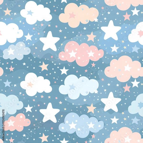Fototapeta A whimsical night sky filled with star-shaped clouds and pastel hues, seamless design