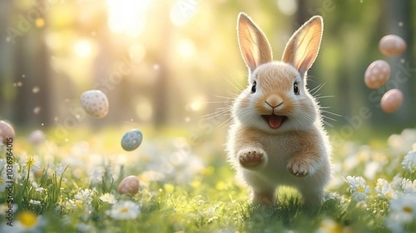 Obraz Running happy Easter bunny eggs flying everywhere Space for text