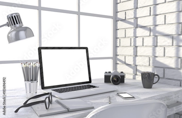 Fototapeta 3D illustration laptop and work stuff on table near brick wall, Workspace