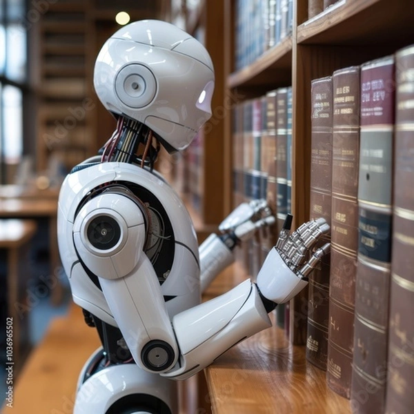 Fototapeta a robot is standing in front of a book shelf