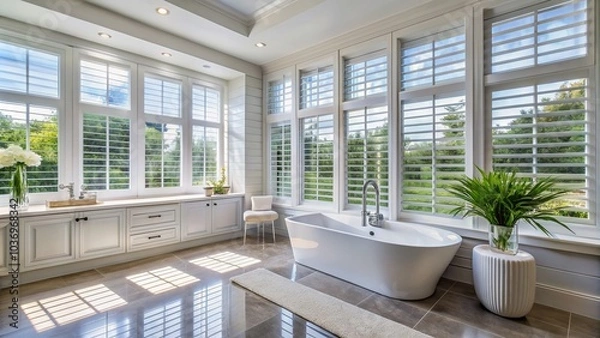 Fototapeta Modern bathroom featuring white plantation shutters on expansive windows, allowing natural light to filter in, creating a bright and airy ambiance with sleek fixtures.