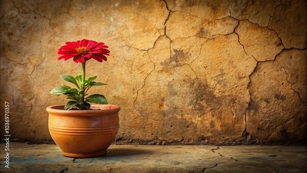 Fototapeta A crimson flower blooms in a cracked, red clay pot on a worn, earthy background, abandonment, aged, red