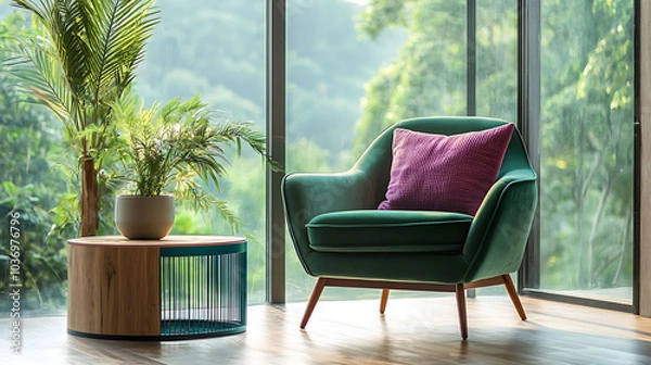 Fototapeta A green velvet armchair with a pink cushion sits near a round wooden table in a sunlit room with a view of lush greenery through the window.