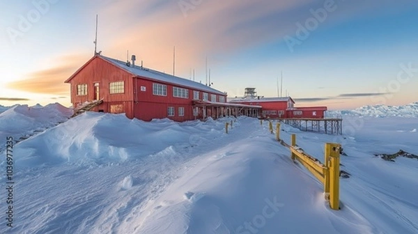 Fototapeta Red Building Surrounded by Snow in Polar Landscape