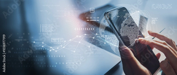 Fototapeta Internet global network and data science concept. Digital transformation. Using smart phone with internet network connection technology and data exchange, IoT Internet of Things