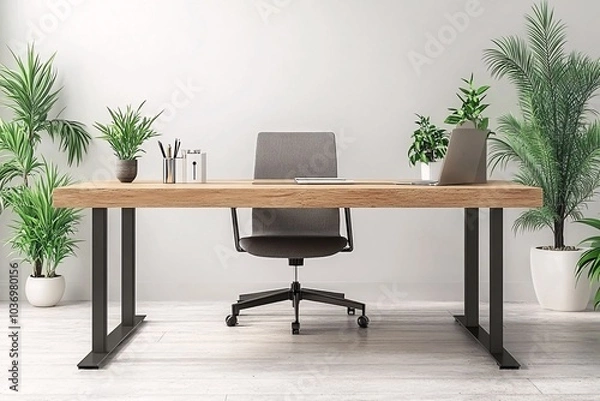 Fototapeta Modern Minimalist Office Desk Setup with Plants