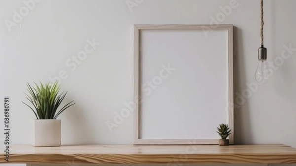 Fototapeta A minimalist desk setup with white walls and wooden accents. The desk has a blank picture frame and a single decorative item. Bright