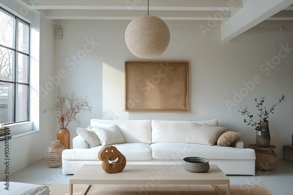 Obraz Minimalist, contemporary Scandinavian interiors in the living room with ceiling lights and sofas. Generative AI
