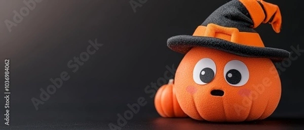 Fototapeta  A tight shot of a pumpkin wearing a witch hat atop its rounded form, positioned on a table