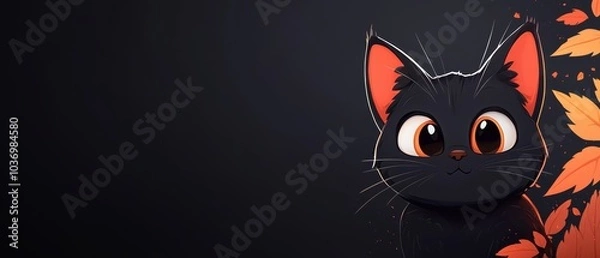 Fototapeta  A black cat with orange eyes emerges from a backdrop of orange leaves against a dark background