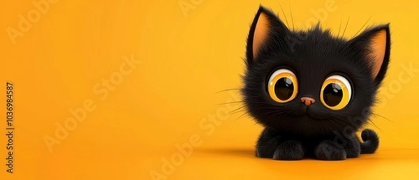 Fototapeta  A black cat with big yellow eyes sits on a yellow background