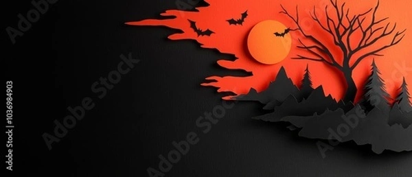 Fototapeta  A tree silhouette against an orange sky, bats in flight precede it, a full moon rises behind