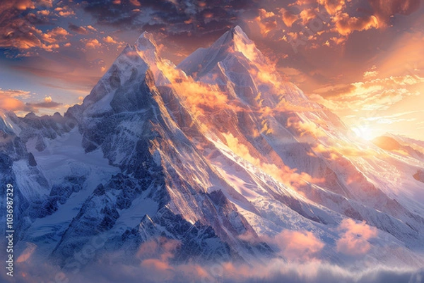 Fototapeta The mountains are covered in snow and the sky is orange and pink