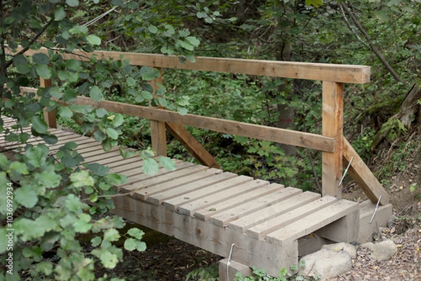 Fototapeta Wooden bridge on the hiking trail from Tatranska Matliare to Tatranska Lomnica in the High Tatras, Slovakia. 