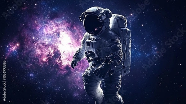Obraz An astronaut walks in space against a backdrop of a nebula.