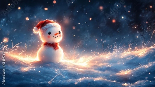 Fototapeta Snowman in the snow background merry chirstmas