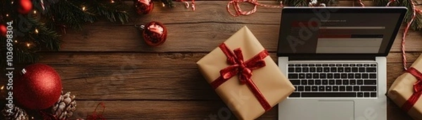 Fototapeta Stylish Gift Wrapping and Holiday Checkout Process on Laptop with Festive