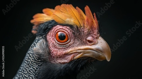 Fototapeta Close-up of a game farm bird with detailed feathers, vibrant colors, and distinctive features, captured from an eye-level perspective to highlight its significance in gourmet markets. 