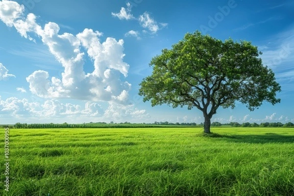 Fototapeta Solitary Tree in a Vast Field of Green Grass Under a Blue Sky with White Clouds