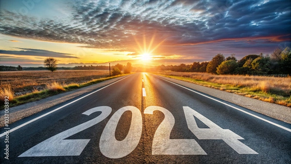 Fototapeta A serene countryside road features the number 2024 painted prominently on its surface, illuminated by a stunning sunset that casts warm colors across the landscape