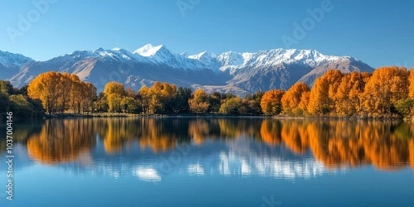 Fototapeta Golden autumn trees along a pristine lake with snowy mountains in the backdrop