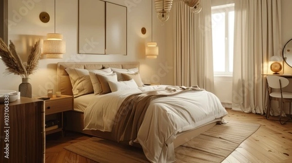 Obraz A cozy Scandinavian bedroom with a double bed, headboard