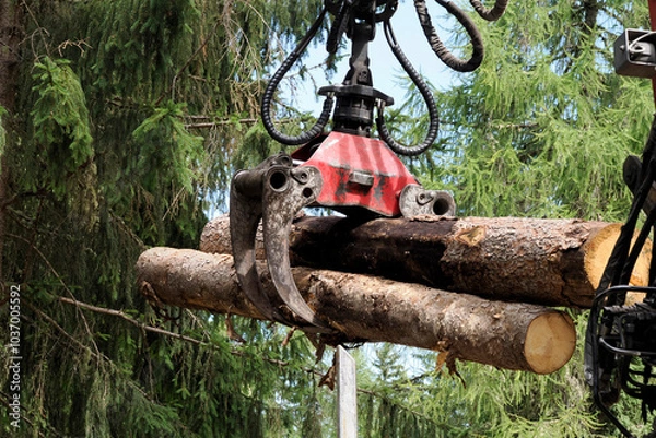 Obraz crane lifting wood logs in the forest