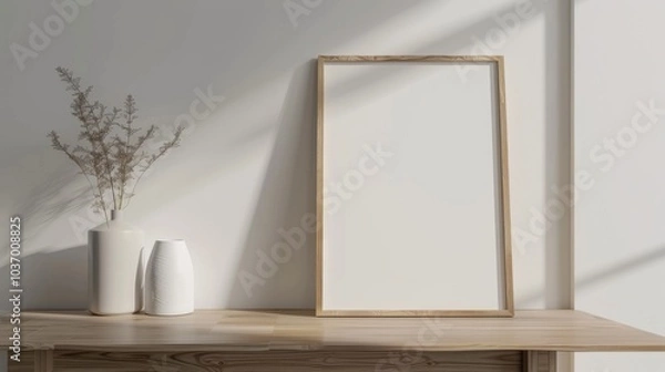 Fototapeta A minimalist desk setup with white walls and wood accents. The desk has a blank picture frame and a single elegant vase. Bright
