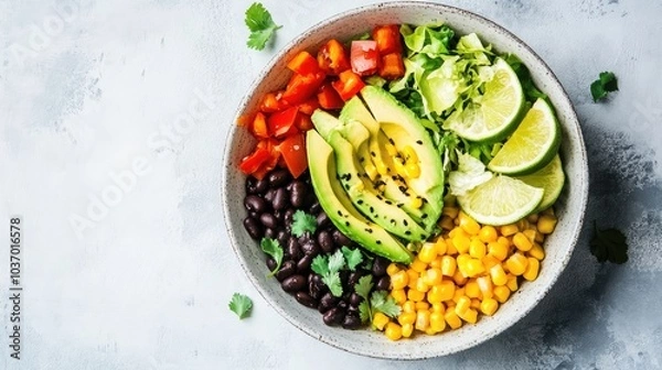 Fototapeta Fresh Colorful Salad Bowl with Avocado and Vegetables