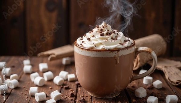 Fototapeta Steaming mug of hot chocolate with marshmallows on rustic wooden table with festive decorations