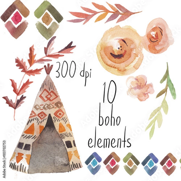 Obraz watercolor set of boho elements